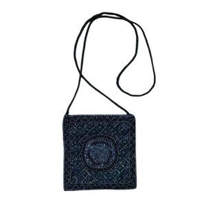 Beaded Black Satin Evening Bag Crossbody Party Purse